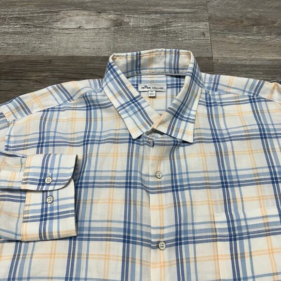 Peter Millar Seaside Long Beach White‎ Blue Mens XL Plaid Button Up Sport Shirt - Picture 1 of 10